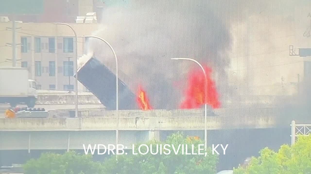 Flaming semitruck falls from I-65 in downtown Louisville captured on video by WDRB